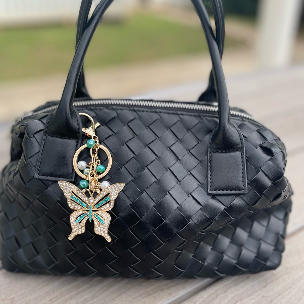 Anthropologie Black Woven Satchel with Butterfly Charm